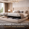 Best Upholstered modern beds in USA with beige tufted headboard and storage base