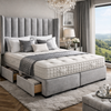 Premium Divan Bed UK with tall velvet tufted headboard in luxury hotel-style bedroom
